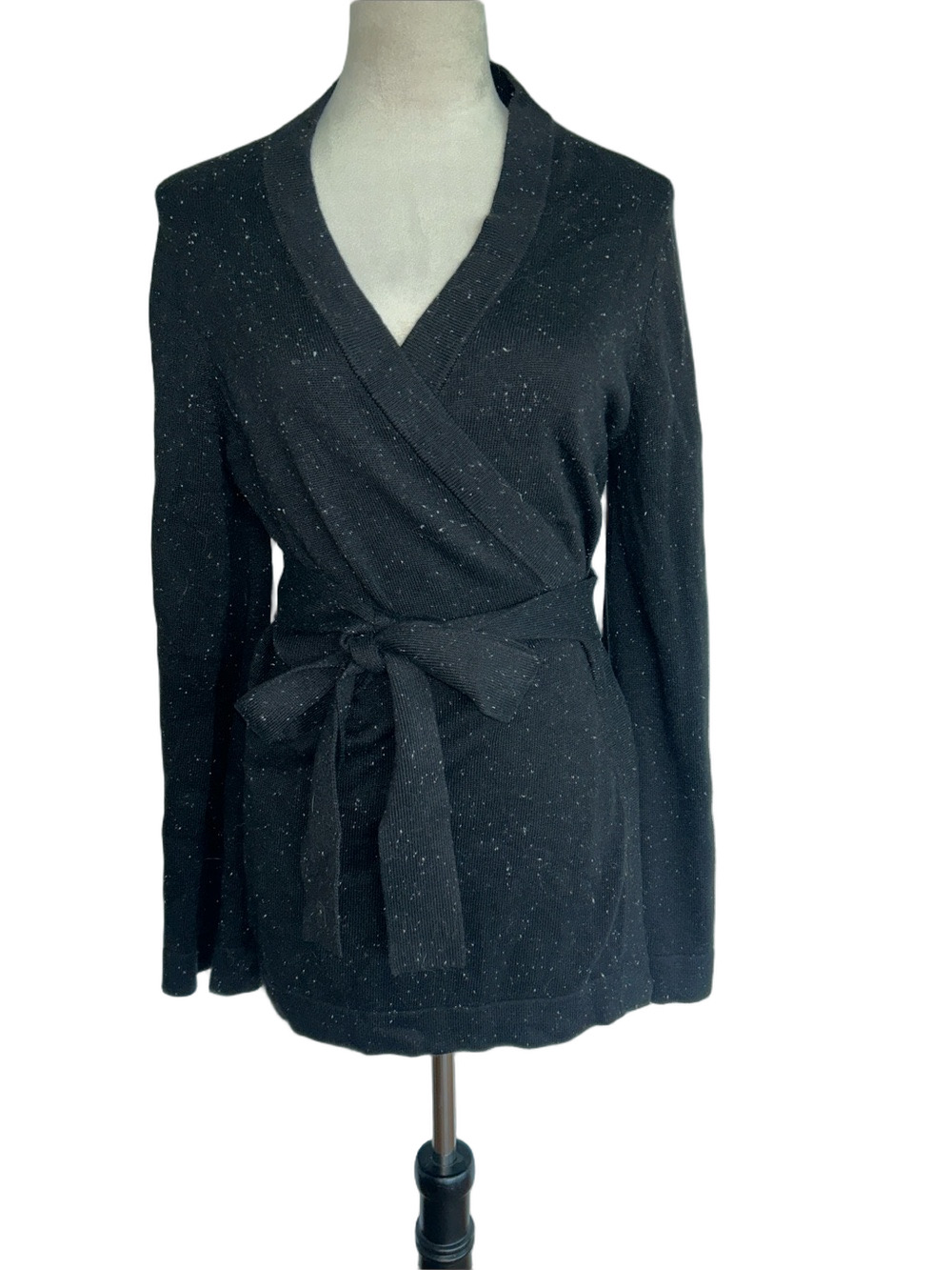 Black Speckled Wrap Sweater with Tie Belt